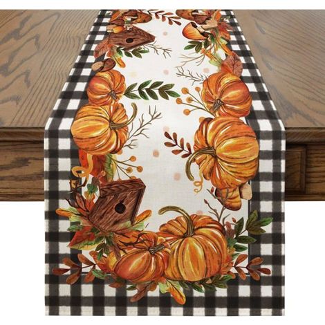 Chemins De Table - Polyester - Motif Citrouilles Champignons Feuilles - Vintage Cuisine Salon - 33 x 177 cm - 1 Piece (1/4)