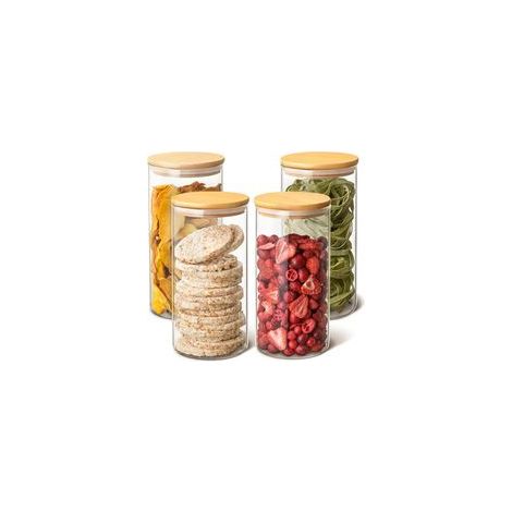 Lot de 4 Bocaux en Verre Hermetiques avec Couvercle en Bambou - Réutilisable - 8 Joints - 1,2 L - Lavable au Lave-vaisselle (1/5)