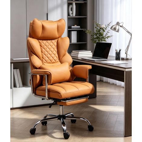 fauteuil de bureau ergonomique marron inclinable 135 degrés avec repose pieds rétractable simili cuir chaise pivotante pour bureau maison (1/5)