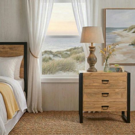 Petite commode 3 tiroirs bois clair et métal noir MILORA (1/5)