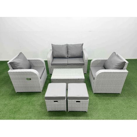 Fimous Light Grey PE Wicker Rattan Garden Furniture Set Sofa Set Reclining Adjustable Chair Rectangular Coffee Table 6 Seater 2 Small Stools (1/4)