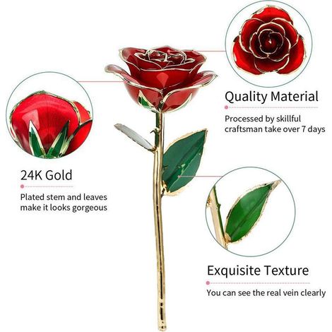 Rose rouge à longue tige, ornée de feuilles d'or 24 carats, « Amour éternel », le cadeau idéal pour la Saint-Valentin (1/5)