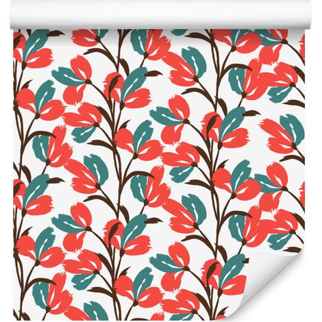 Papier peint Branches rouges, corail et blanc pour salon et chambre 50x1000 cm (1/5)