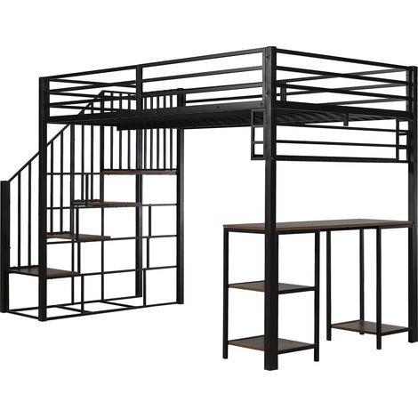 Letto a soppalco in metallo con scrivania e scaffale contenitore 120x200 cm nero (1/5)