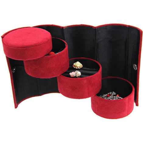 Boîte à bijoux cylindrique à trois couches en velours, présentoir de boîte à bijoux pliant enroulable portable