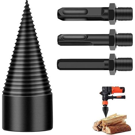 42mm Wood Splitting Drill Bit, Conical Drill Bit, Durable Wood Splitting Screw Cone Grinding Tool with 3 Drill Handles, Square/Round/Hexagonal, For Wood Cutting, Wood Splitter (1/4)