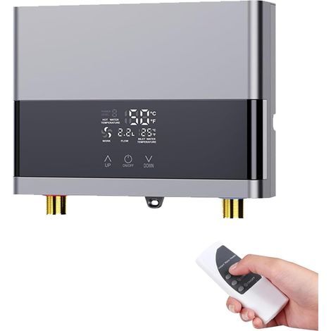 Chauffe eau électrique, mini chauffe eau instantané à température constante et fréquence variable, affichage LCD de la température / avec télécommande, argent (1/5)