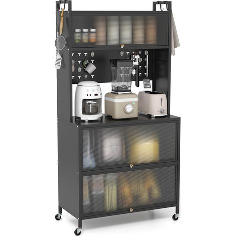 COSTWAY Credenza Alta per Cucina con 5 Ripiani e 3 Ante a Ribalta Traslucide, Mobile Cucina con Ruote e Panello a Ganci, Armadio Cucina Porta Microonde (80 x 40 x 160 cm,Nero) (1/5)