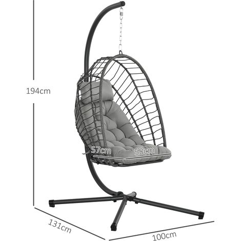 Fauteuil suspendu en rotin PE (avec coussin, assise pliable, structure en acier), gris (1/5)