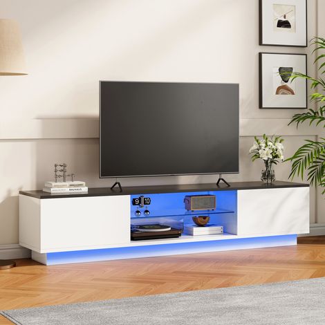 Mobile TV 160x32x30 cm con illuminazione LED regolabile e ripiano in vetro temperato, mobile multimediale moderno per soggiorno - bianco lucido