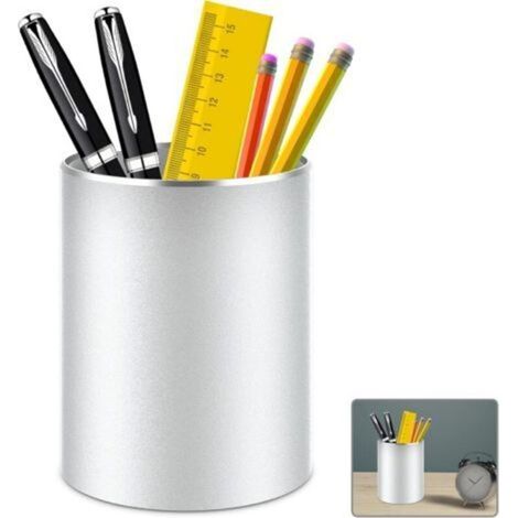 pot a crayon bureau,rangement bureau organisateur rond en métal et aluminium pour bureau, école, maison et enfants, Fond en silicone antidérapant (Argent) (1/5)
