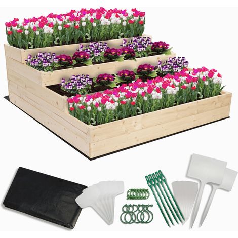 MODO24 Carré potager surélevé en bois, 4 niveaux en cascade, 45x117x120 cm, jardin/terrasse, kit jardinier inclus, naturel