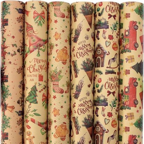 Papier Cadeau Noël,12 Feuilles Papier D'emballage De Noël,Papier Kraft Emballage Cadeau Noel,Recyclé Papier Cadeau Kraft 70x50CM,pour Présent Cadeau Noël (1/5)