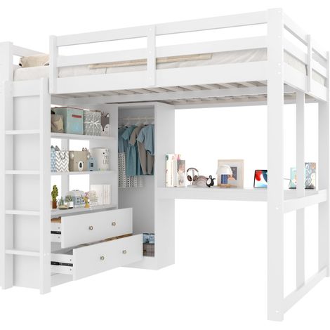 Lit mezzanine 140x200cm Lit effent avec bureau intégré - rangements et éclairage LED - 2 tiroirs - étagères et ports USB - Blanc (1/5)