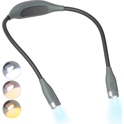 Lampe de cou LED gris à porter autour du cou, double tête 4 LED, 3 températures de couleur, col flexible 360°, lampe de lecture rechargeable mains‑libres pour lire au lit (1/5)