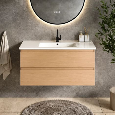 Badezimmermöbel Varo - 100 cm - Helle Eiche - Weißes Waschbecken (1/4)
