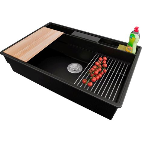 PRIMAGRAN Evier Cuisine en Granit 78x53cm,Lavabo 1 bac + Kit de Vidage + Accessoires, Évier à Encastrer au meuble 80cm - New York, Noir Métallisé