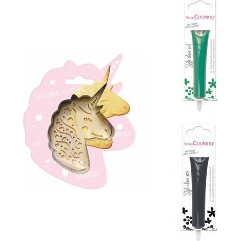Kit pour biscuit en relief Licorne + 2 Stylos au chocolat vert et noir