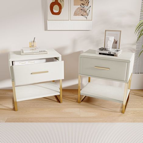 Lot de 2 Tables de chevet – Velours avec éclairage LED – 1 tiroir et étagère ouverte – Cadre métallique doré – dimensions 40 × 31 × 50 cm - Beige (1/5)