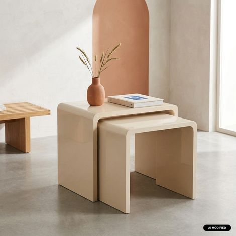 Lot de 2 tables gigognes finition glossy crème - Nola