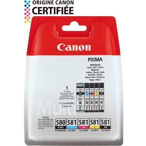 Canon PGI580-PGI581-CLI581 Pack 5 cartouches : 1 noire + 1 noire pigmentée + cartouches couleurs pour imprimante jet d'encre (1/5)