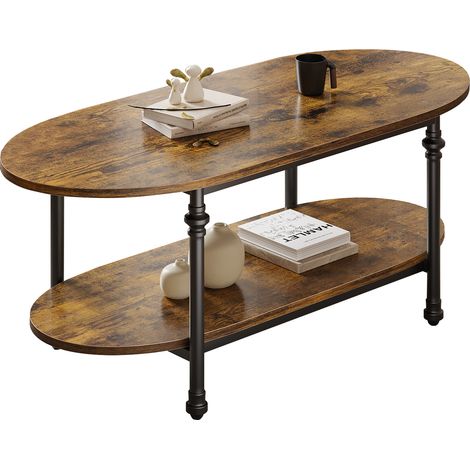 Table basse ovale moderne à design courbé cannelé, structure bois rétro 2 niveaux avec rangement, pour salon et bureau (1/5)