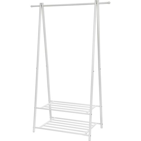 Portant à vêtements, Penderie à vêtements, Portemanteau avec 2 étagères de rangement pour chaussures, boîte, cadre métallique, gain de place, pour chambre, entrée, bureau, Blanc HSR05W (1/3)