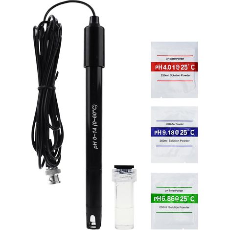 Électrode pH Remplaçable - Câble Long de 300cm - Mesure 0-14 pH - Connecteur BNC + Poudre d'Étalonnage - Compatible pH-mètre et Contrôleur pH - Pour Labos, Hydroponie, Aquariums (1/5)