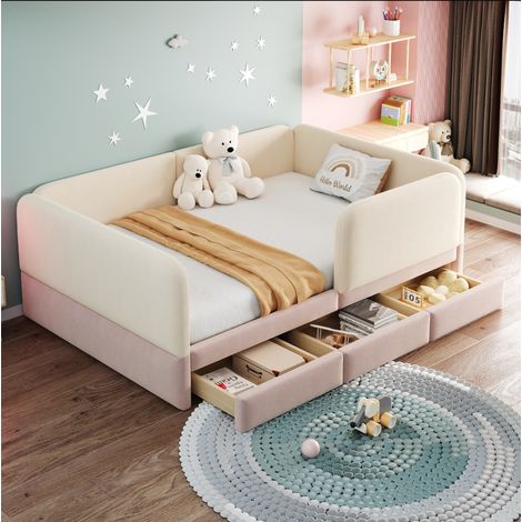 Cama infantil tapizada 140 x 200 cm con seguridad perimetral, 3 cajones, beige y rosa HAVRYA (1/5)
