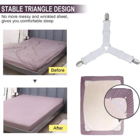 4 Pièces Drap de Lit Attaches,Réglable élastiques Triangle Sangles de Soutient pour Drap-Housse et Drap Plat Draps de Lit,Blanc (1/4)