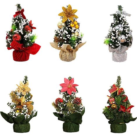 Lot de 6 mini sapins de Noël artificiels de 20 cm avec ornements,petit sapin de Noël pour décoration de maison ou de bureau GROOFOO
