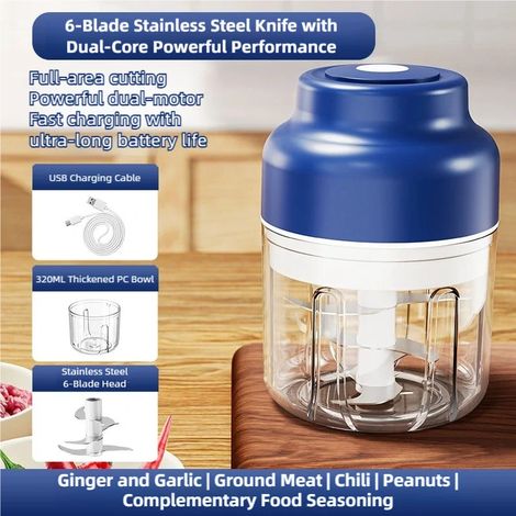 Hachoir à ail/légumes électrique mini portable USB (bleu) 320 ml (1/5)