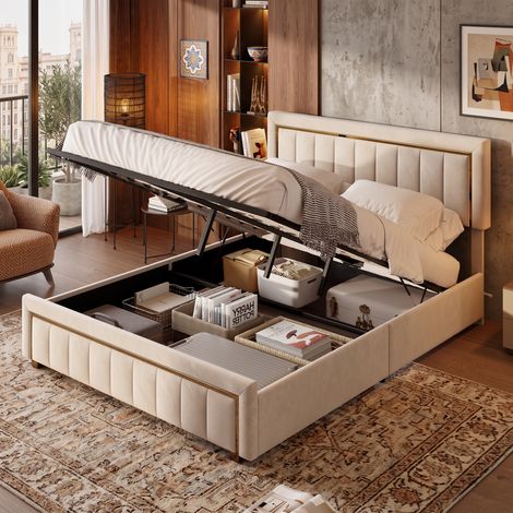 JOOKGBD‑Cama de almacenamiento 180x200cm, cama doble terciopelo blanco roto, acolchado vertical bordes dorados, sistema hidráulico, gran espacio de rangement, diseño lujoso para dormitorio moderno (1/5)