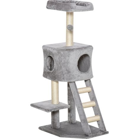 Rascador para gatos de 120 cm con cueva, plataforma, escalera y postes de sisal gris claro HOMVRA (1/5)