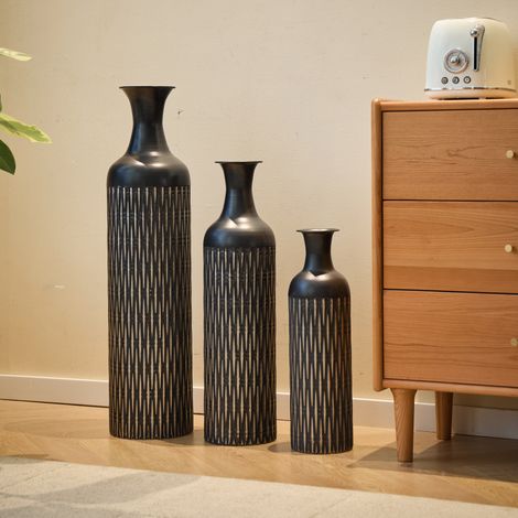Ensemble de 3 vases de sol en métal avec motif à rainures verticales, emballage empilable peu encombrant, grands vases sur pied pour fleurs séchées et herbes de la pampa, décoration pour salon, couloi (1/5)
