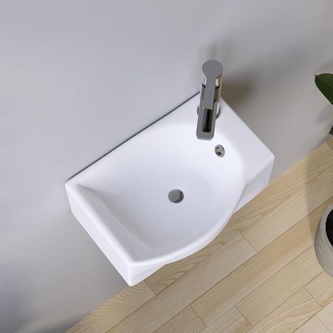 AQUABATOS Hängewaschbecken Keramik Waschtisch Handwaschbecken, Hahnloch Rechts, mit Überlauf, Stockschrauben, Ohne wasserhahn, Ohne ablaufventil, Weiß, Eckig-Oval 405 x 280 x 120 mm (1/5)