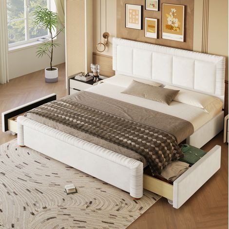 Letto matrimoniale 180x200 cm in velluto francese beige con 2 cassetti salvaspazio - MEUBLIV (1/5)