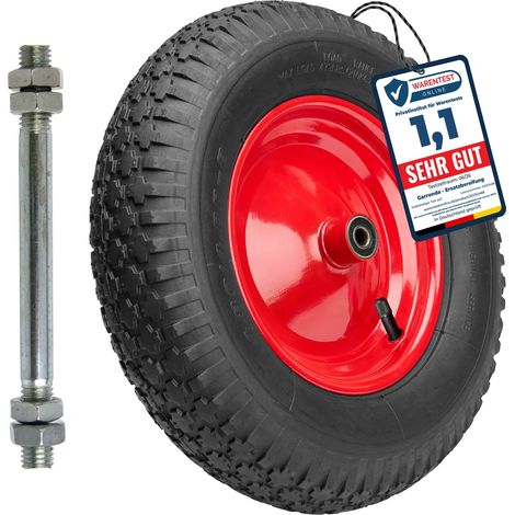 Garronda Roue de brouette 4.80/4.00-8 avec axe, pneumatique 2PR Ø 390×95 mm, jante acier peinte, doubles roulements, valve auto, moyeu 97 mm alésage 12 mm – roue de remplaceme GD-0163, Noir-Rouge (1/5)