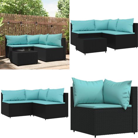 4-tlg. Garten-Lounge-Set mit Kissen Schwarz Poly Rattan - Gartenmöbel - Rattan