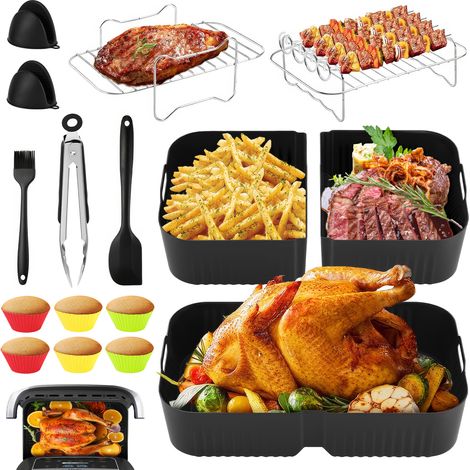 Kit accessoires air fryer Ninja AF400 AF500 16 pièces, paniers silicone 10,4 L et 5,2 L, grilles, moules et ustensiles, noir (1/5)