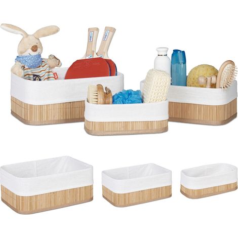Relaxdays Cajas de almacenaje, Set de 6, Funda textil, Rectangular, Accesorio, Baúles, Bambú, Natural (1/5)