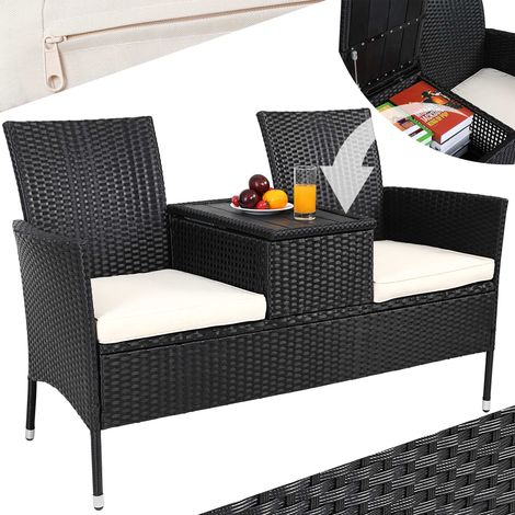 CASARIA® Gartenbank Sitzbank inkl. Auflagen Wetterfest Polyrattan 320kg Belastbar Tisch Ablage UV-beständig Garten Balkon Bank 2-Sitzer 143x64cm Schwarz (1/5)