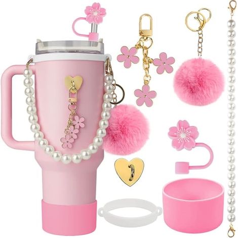 Ensemble d'accessoires pour gobelet, chaîne de perles, cordelette, chapeau de paille à motif bégonia, manchon en silicone pour gobelet et pendentif pompon 7 (1/5)