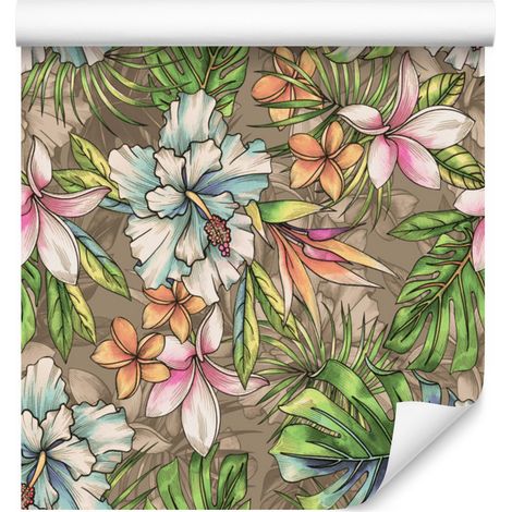 Carta da parati con fiori del paradiso, palme e foglie di monstera, 50x1000 cm (1/5)