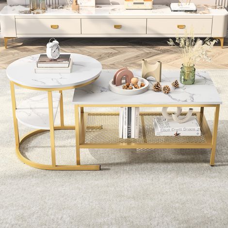 2er-Set Beistelltische (Couchtische), glatte Marmor-Optik, offene Ablagen, rechteckiger Beistelltisch mit Metallgestell, für Wohnzimmer und Esszimmer – Gold