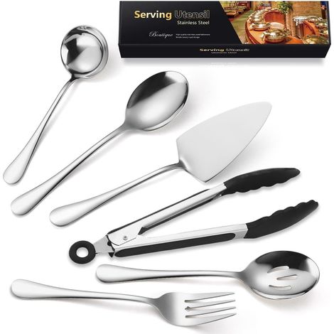 Lot de 8 couverts de service en acier inoxydable avec cuillère, cuillère à fente, fourchette, pelle à gâteau, louche et pince, couverts de buffet Argenté (1/5)