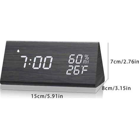 Reloj despertador digital LED, reloj despertador de madera con pantalla multifunción (hora, temperatura, humedad), 3 alarmas, luz regulable, 15 cm, madera de PVC/ABS, cable USB, 1 unidad (1/5)
