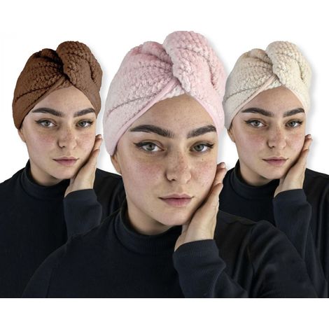 Lot de 3 serviettes turban pour cheveux - Microfibre - Beige rose et marron - Vivezen (1/4)
