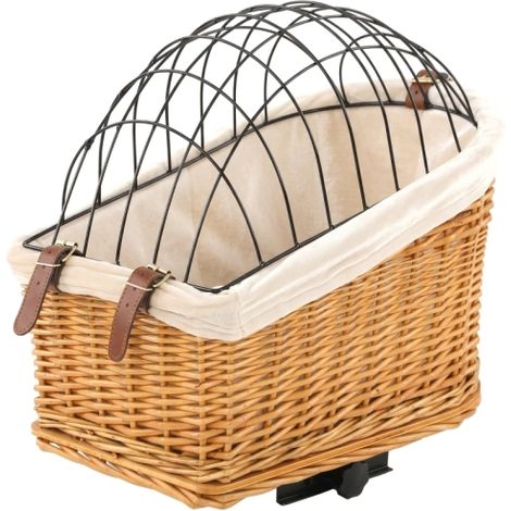 Cestino portaoggetti per bicicletta, adatto a cani e gatti, intrecciato a mano, con coperchio in metallo e morbida imbottitura, marrone chiaro, disponibile in negozio. (1/5)