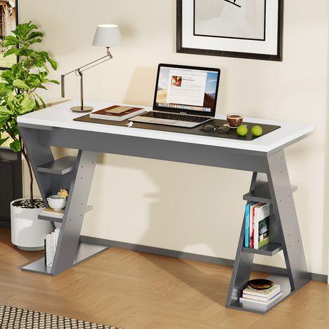 Scrivania in metallo 120 cm, con sei scomparti, piedi a X, ampio spazio di archiviazione, design moderno, Grigio (1/5)